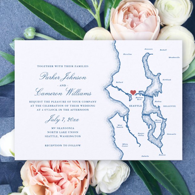 Convites Seattle Lake Washington Map Elegant Navy Wedding (Seattle Lake Washington Wedding Invitation in Elegant Navy Blue from Coastal Map Designs)