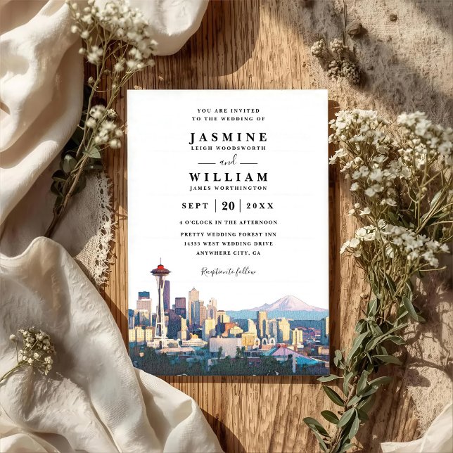 Convites SEATTLE Skyline Destination Modern QR Code Wedding (Criador carregado)
