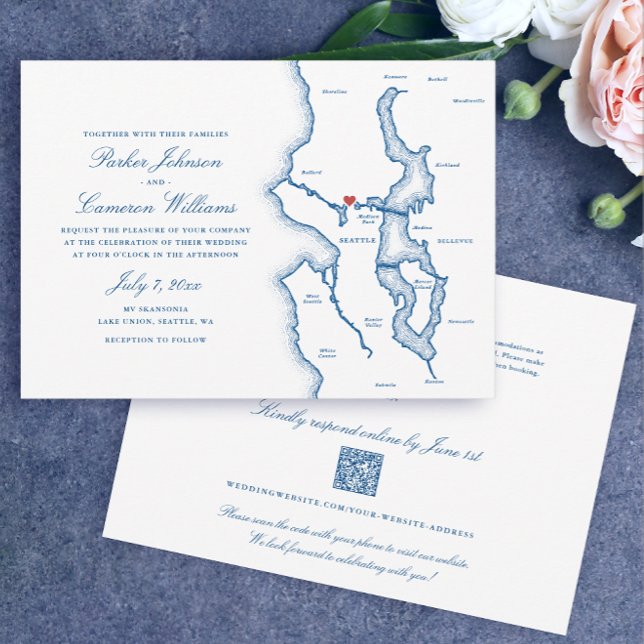 Convites Seattle Tudo-em-Um código QR RSVP Casamento Azul (Seattle Budget Wedding Invitations All in one, QR code RSVP elegant Navy Blue by Coastal Map Designs)