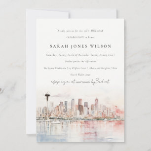 Convites Seattle Washington Aquarela Paisagem Aniversário