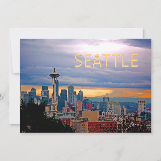 Convites Seattle Washington Skyline no Sunset TEXT SEATTLE (Frente)