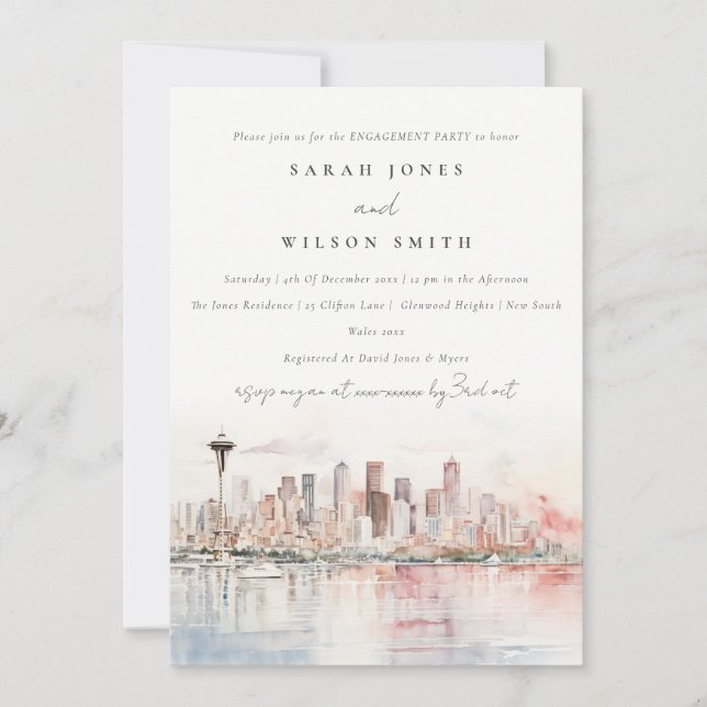 Convites Seattle Washington Watercolor Landscape Engagement (Frente)