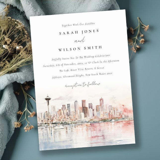 Convites Seattle, Washington Watercolor Landscape Wedding (Criador carregado)