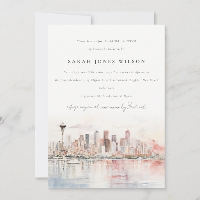 Convites Seattle Washington Watercolor Scape Bridal Shower (Frente)