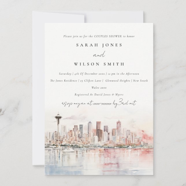 Convites Seattle Washington Watercolor Scape Couples Shower (Frente)
