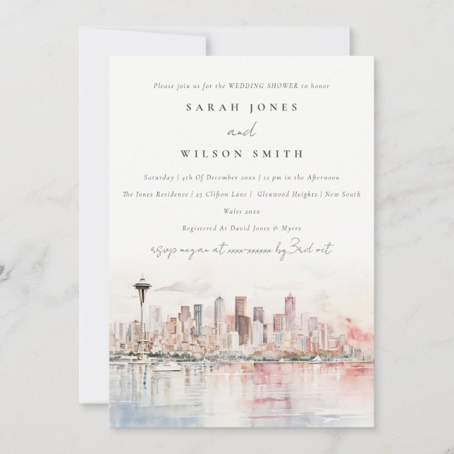 Convites Seattle Washington Watercolor Scape Wedding Shower (Frente)