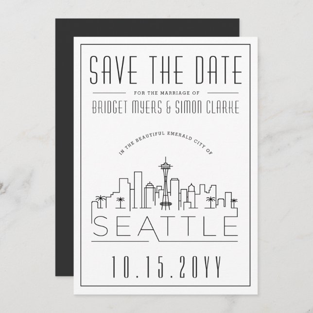 Convites Seattle Wedding | Skyline Estilizado Salvar a Data (Frente/Verso)
