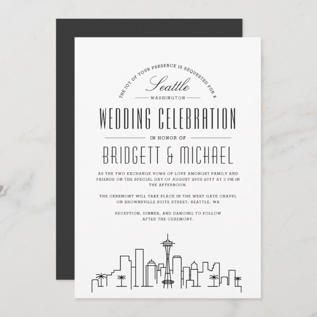 Convites Seattle Wedding | Skyline Moderno Deco (Frente/Verso)