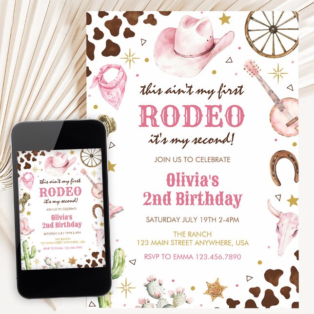 Convites Second Rodeo Western Pink Cowgirl 2nd Birthday (Criador carregado)