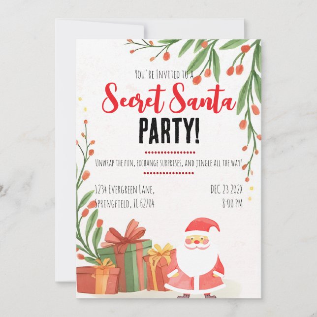 Convites Secret Santa Watercolor Christmas Party  (Frente)