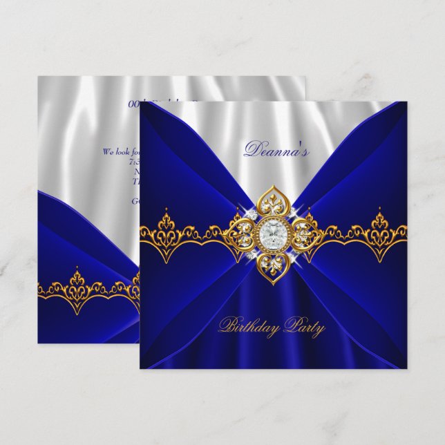 Convites Seda Branca Joia Dourada Aniversário Azul Real 2 (Frente/Verso)