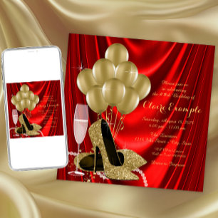 Convites Seda de Festa de Aniversário Vermelho e Dourado de
