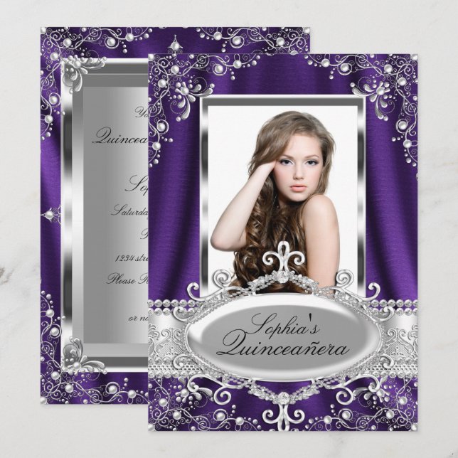 Convites Seda Pérola Roxa Glamour Vintage Quinceanera (Frente/Verso)