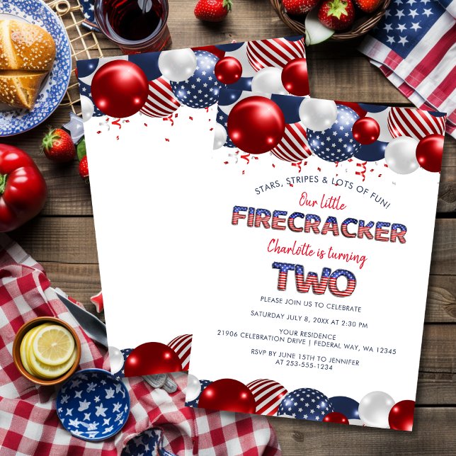 Convites Segunda Festa de Balões de Queimaduras de Aniversá (Second Birthday Little Firecracker Balloon Party Invitation)