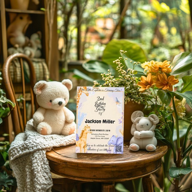 Convites Segundo aniversário Adorável de Girafa e Elefante (Criador carregado)