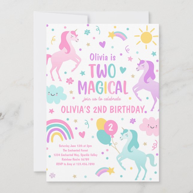 Convites Segundo aniversário Arco-Íris de Pastel Magical Un (Frente)