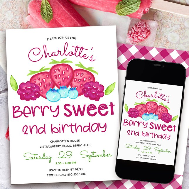 Convites Segundo aniversário Berry Sweet (Berry Sweet 2nd Birthday Invitation)