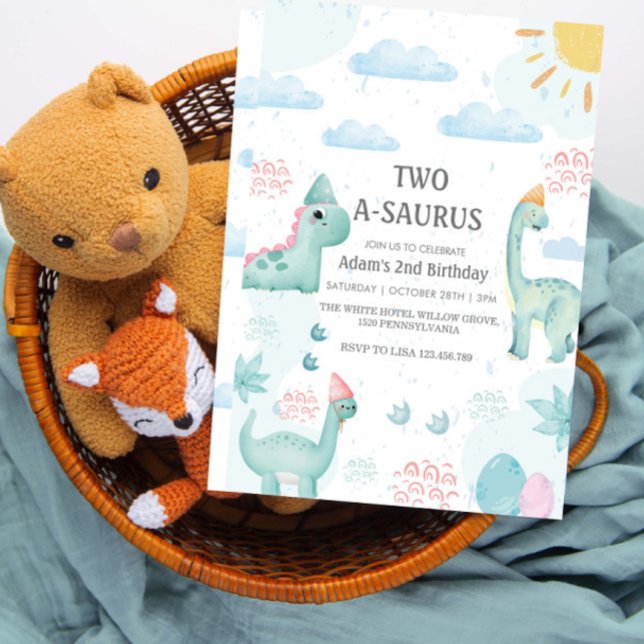 Convites segundo aniversário Blue Watercolor Dinossauro (Criador carregado)