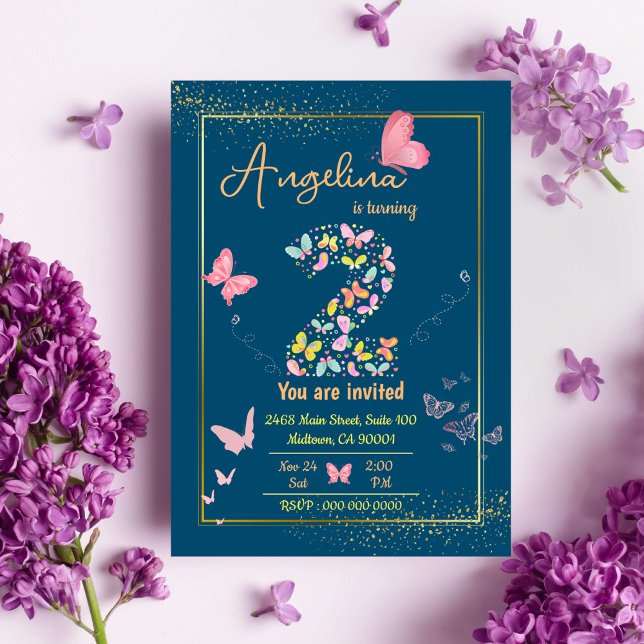 Convites Segundo aniversário bonito de borboletas de flauti (Criador carregado)