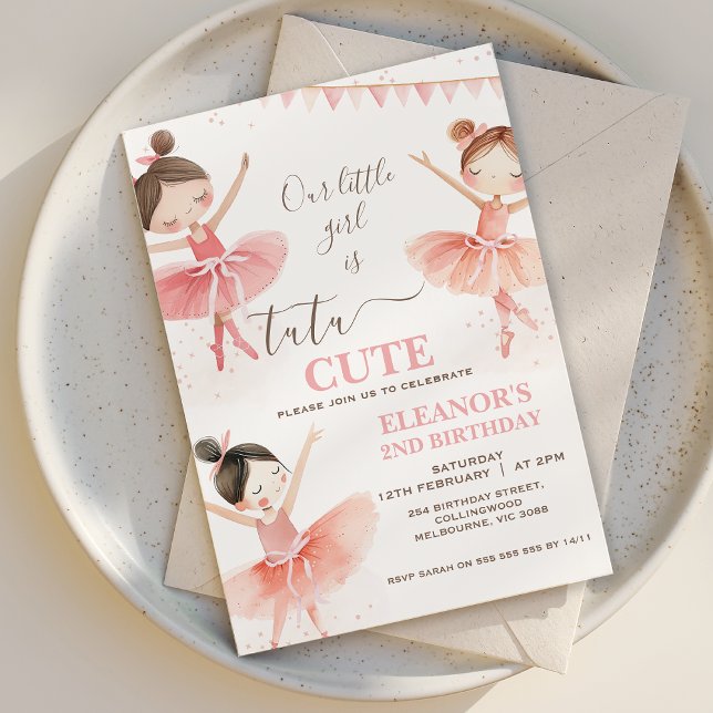 Convites Segundo aniversário Branca Rosa Tutu Ballerina (Tutu Cute 2nd Birthday Invitation Template Ballerina Birthday Invitation Ballet Second Birthday
)