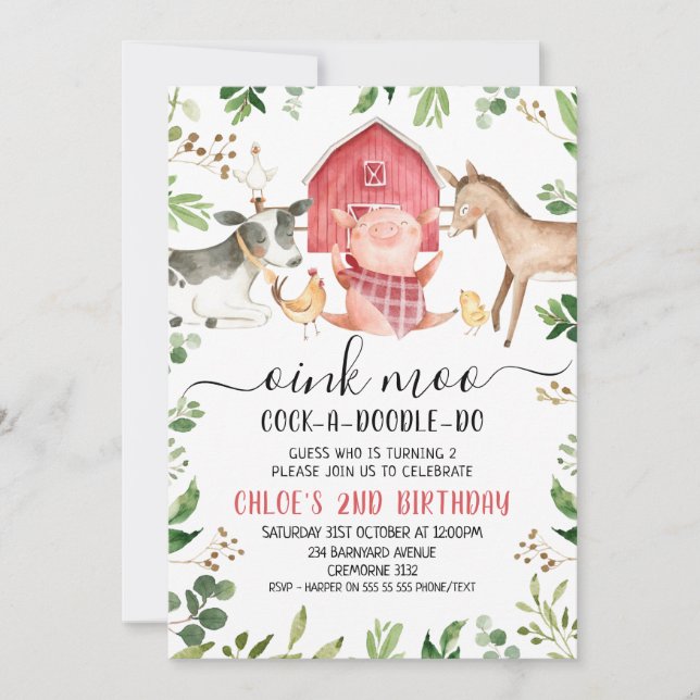 Convites Segundo aniversário de animais da exploração de fo (Frente)