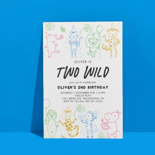 Convites Segundo aniversário de animais de festas de rabisc (Criador carregado)