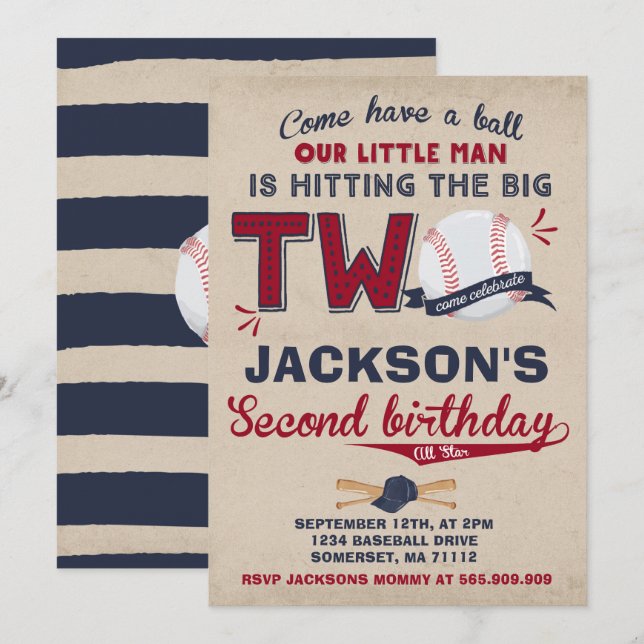Convites Segundo aniversário de Baseball de Aniversário de  (Frente/Verso)