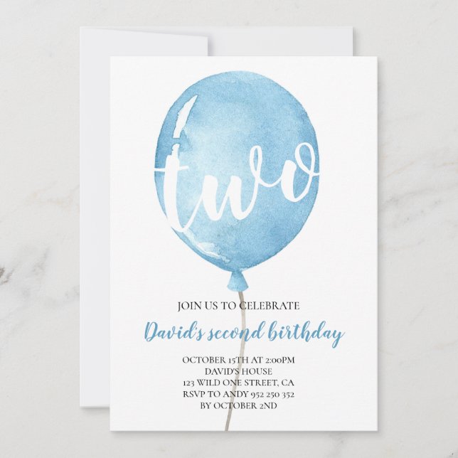 Convites Segundo aniversário de Bebê Balão Azul (Frente)