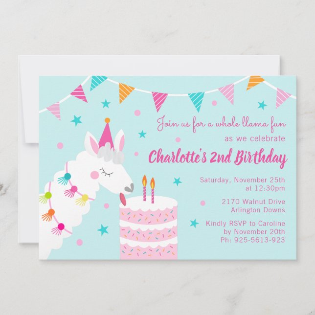 Convites Segundo aniversário De Bolo De Llama Inteiro Aqua (Frente)
