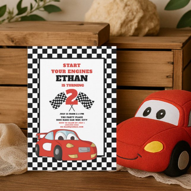Convites Segundo aniversário de Criança de Carro Raça Verme (Red race car little boy's 2nd birthday party invitation)