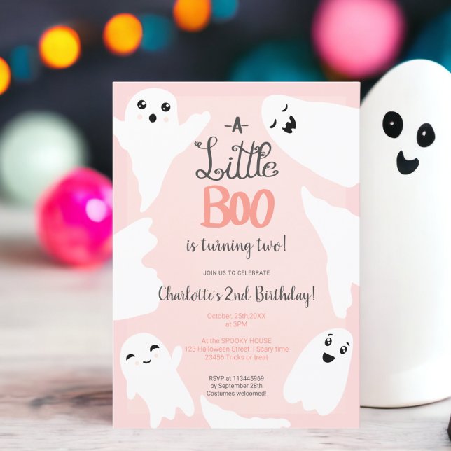 Convites Segundo aniversário de criança de dois fantasmas d (Pink Halloween little boo ghosts kid 2nd birthday Invitation)