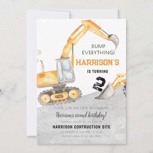 Convites Segundo aniversário de Dump do Caminhão de Constru (Frente)