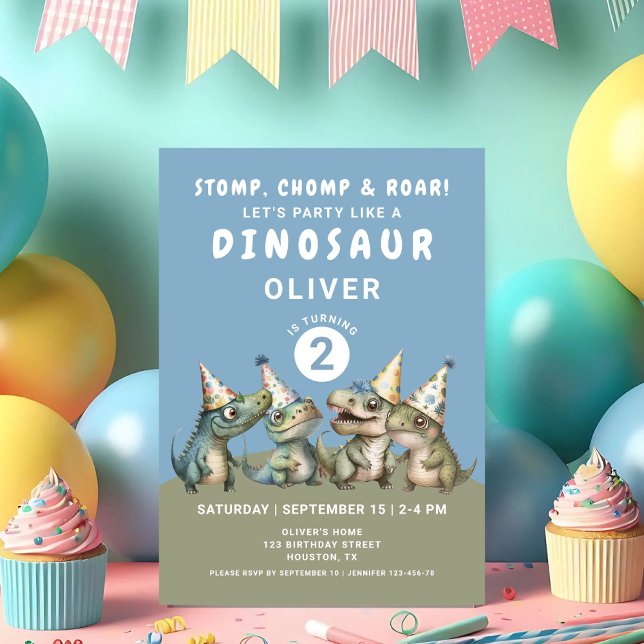 Convites Segundo aniversário De Estompo, Chomp E Dinossauro (Cute Stomp, Chomp & Roar Dinosaur 2nd Birthday Invitation)