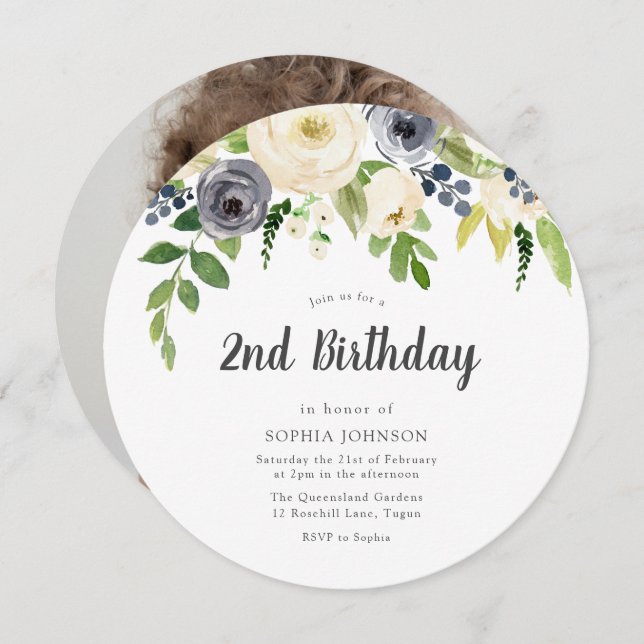 Convites Segundo aniversário de Foto do Marinho Branco Flor (Frente/Verso)