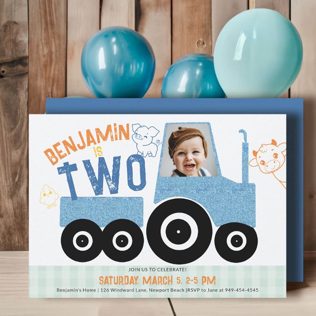Convites Segundo aniversário de Fotografias de Cachorro de  (farm tractor birthday invitation 2nd second boy photo animals barnyard cute illustration denim blue )