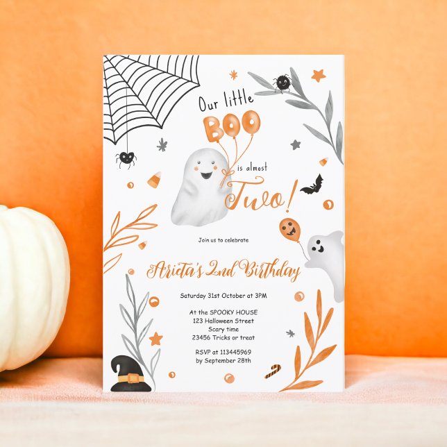 Convites Segundo aniversário de laranja Bonito Boo Hallowee (Cute little Boo Halloween orange 2nd birthday Invitation)