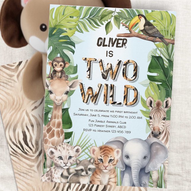 Convites Segundo aniversário de menino azul Dois Safari Sel (Blue Two Wild Boy 2nd Birthday Invitation, Safari Themed Jungle animals birthday invite.)