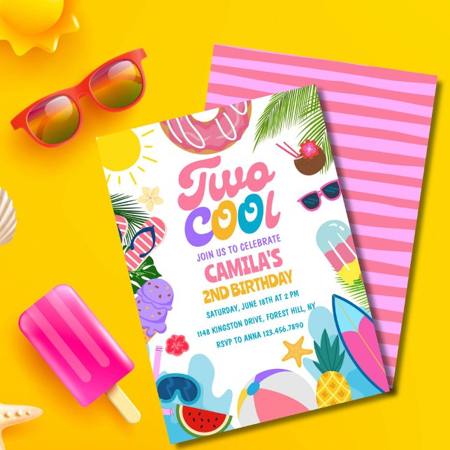 Convites Segundo aniversário de Praia da Festa de Piscina L (Pink "Two Cool" birthday invite for girls with sun, waves, and cute beach vibes!)