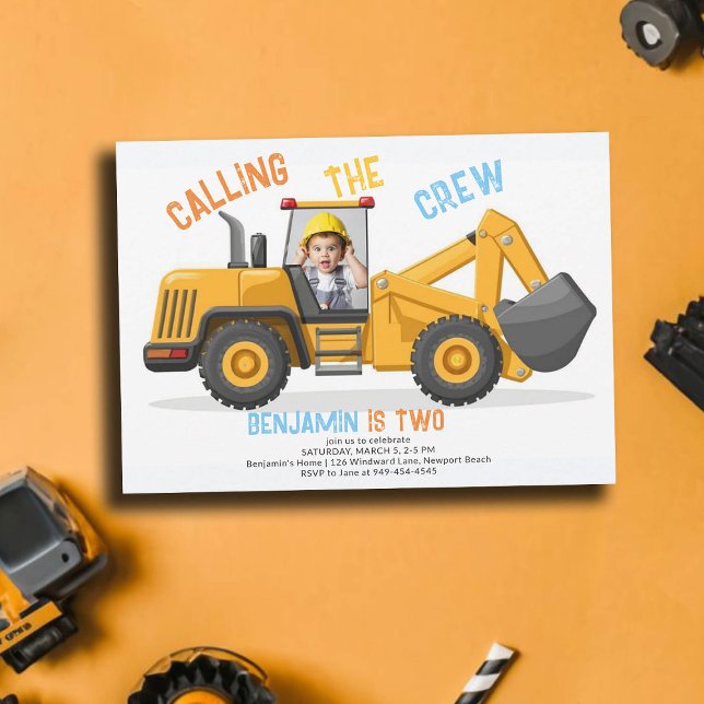 Convites Segundo aniversário do Bulldozer Crew Photo Boy (photo construction invitation 2nd birthday second boys bulldozer vehicle theme personalized)