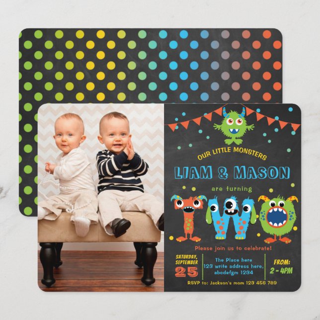 Convites Segundo aniversário do Little Monster Party Boy (Frente/Verso)