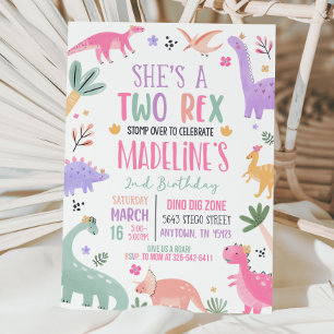 Convites Segundo aniversário do Pastel Dinosaur Garota 2