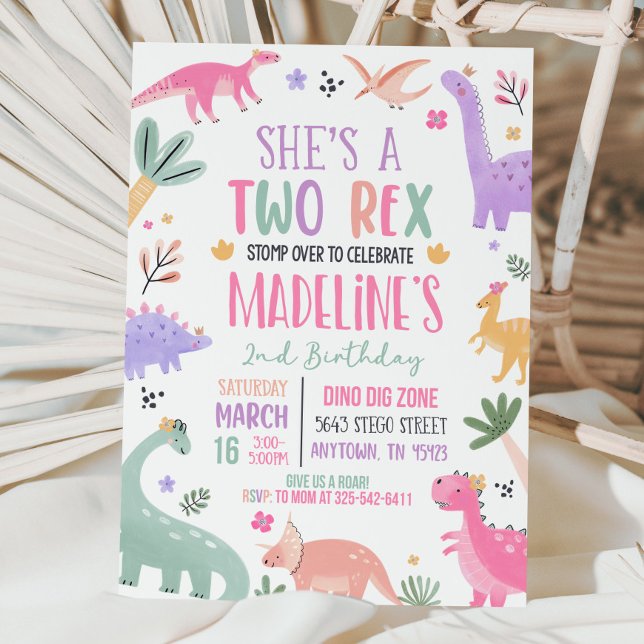 Convites Segundo aniversário do Pastel Dinosaur Garota 2 (Criador carregado)