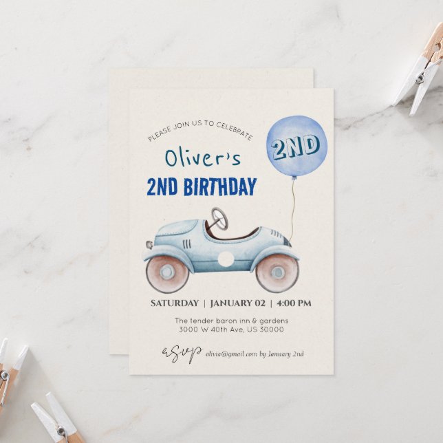 Convites Segundo aniversário do tema do carro (Frente/Verso In Situ)