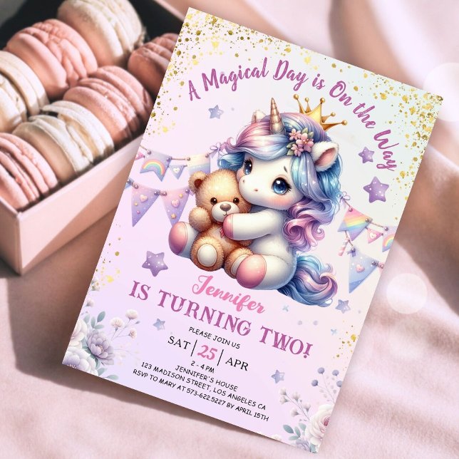 Convites Segundo aniversário do Unicórnio Convide Menina Ro (#UnicornBirthdayInvitation #UnicornBirthdayInvitationTemplate #UnicornBirthdayInvitationEditable 
)