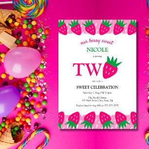 Convites Segundo aniversário doce de morango rosa
