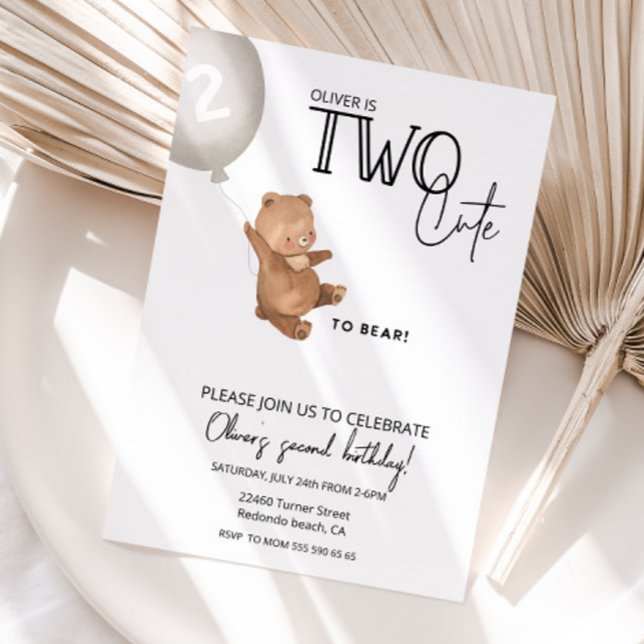 Convites Segundo aniversário DOIS de urso de pelúcia boniti (Teddy Bear Inviation, TWO CUTE TO BEAR birthday invitation)