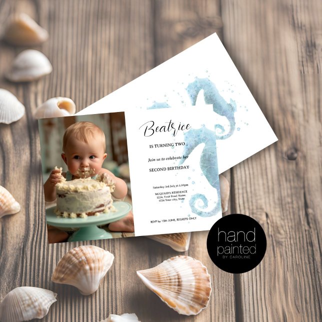 Convites segundo aniversário Dusty Blue Seacavalo Foto (2nd Birthday Invitation Watercolor Seahorse)