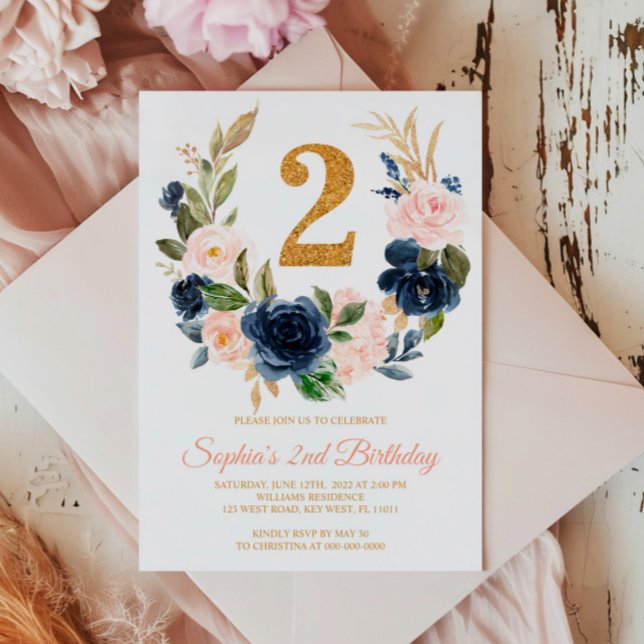 Convites Segundo aniversário Floral Azul-Cor-de-Rosa e Mari (Criador carregado)