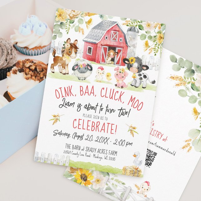 Convites Segundo aniversário Floral Boy do Barnyard da Faze (Cute Watercolor Red Barn Farm Barnyard animals Sunflower floral oink baa moo 2nd boy birthday invite)
