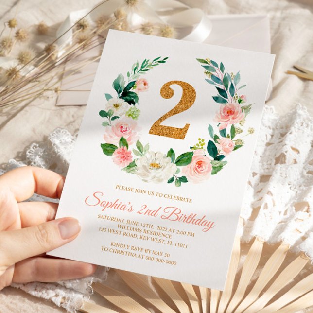 Convites Segundo aniversário Floral Cor-de-Rosa Esbranquiça (Criador carregado)